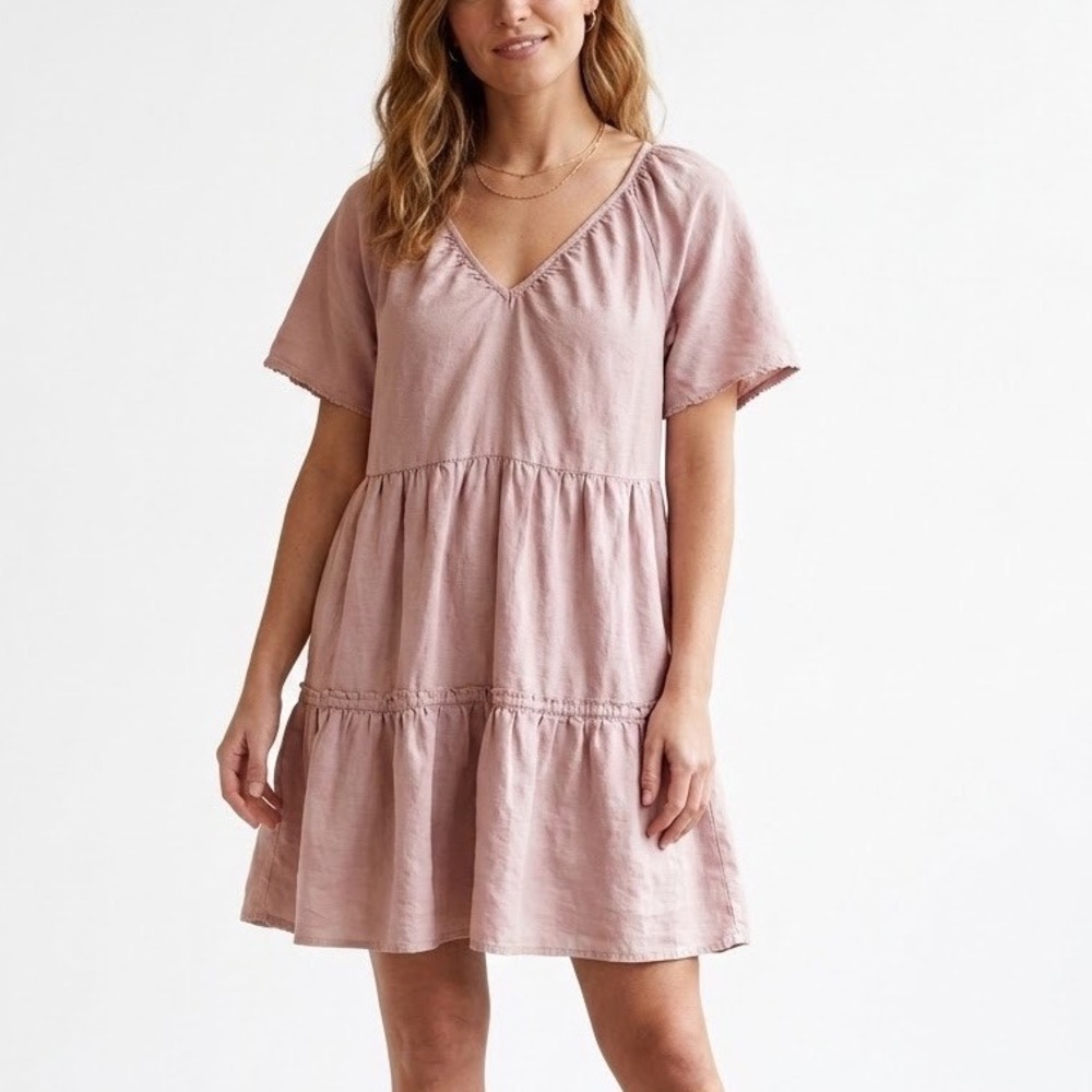 Madewell Linen Blend Tiered Mini Dress V-Neck Short Sleeve Pink Size M Pockets